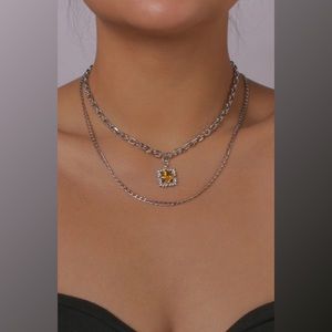 Silver square orange pendant double layer fashion necklace